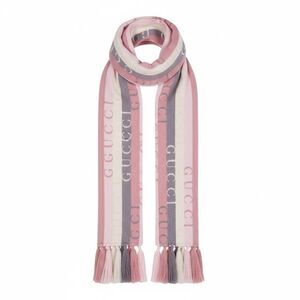 Authentic Gucci Pink Grey Cream Wool Cotton Striped Logo Wrap Scarf